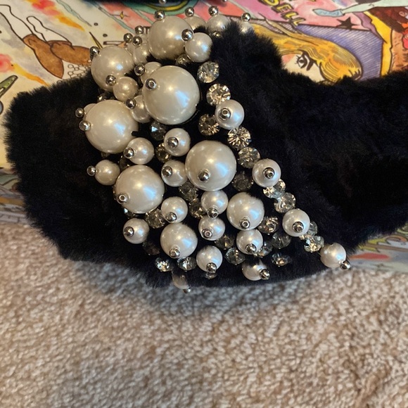 Open Toe Faux Fur Jeffery Campbell Slides with Faux Pearl and Crystal Detail ! - Picture 5 of 8